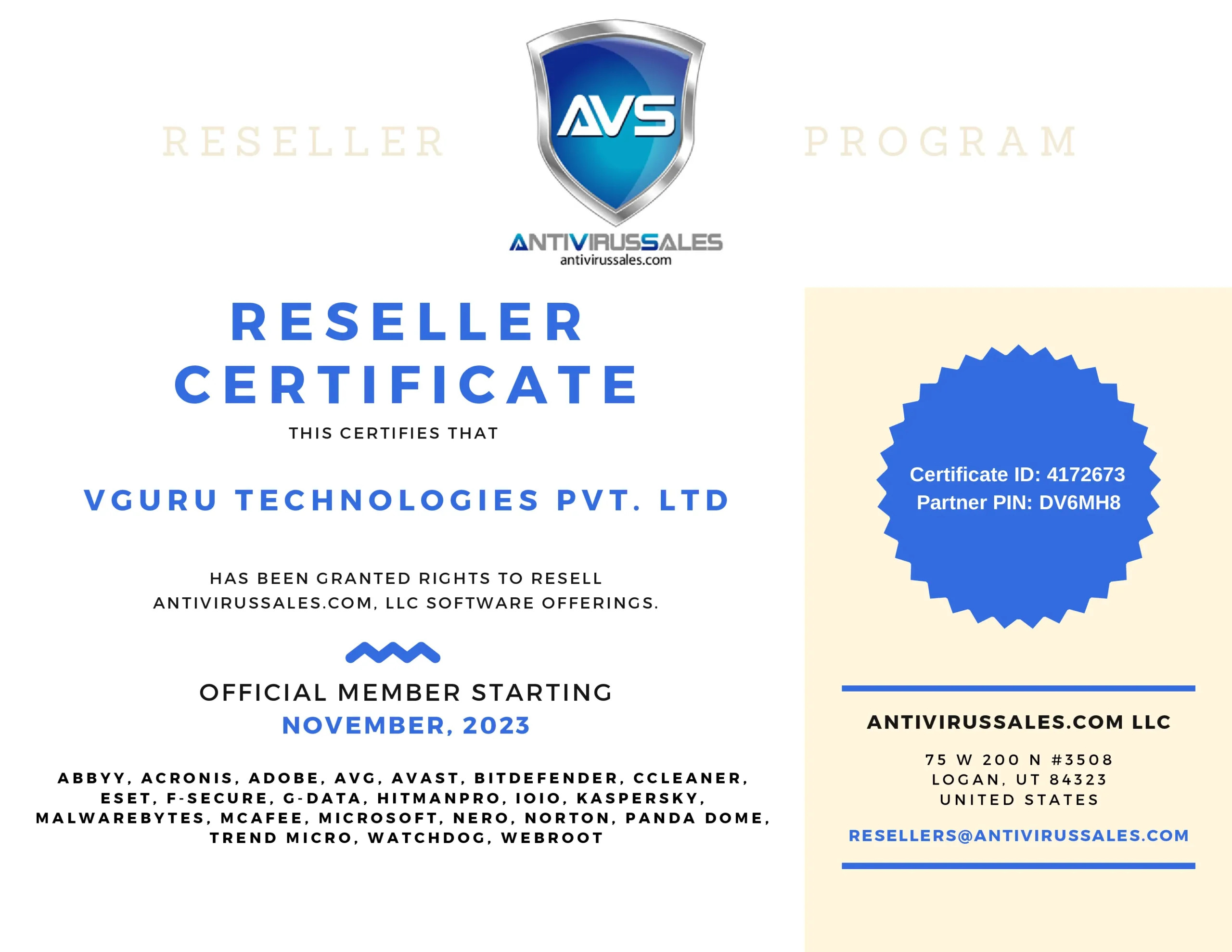 VGuru Technologies AntiVirusSales Reseller Certificate