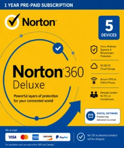 Norton 360 Deluxe – 5 Devices / 1 Year- USA/Canada