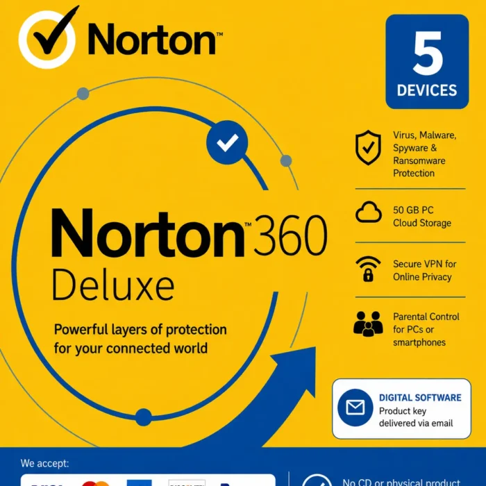 Norton 360 Deluxe – 5 Devices / 1 Year- USA/Canada
