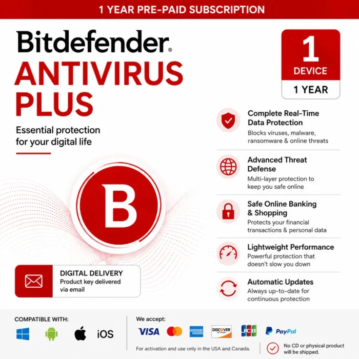 Bitdefender Antivirus Plus Individual – 1 Device/1 Year- USA/ Canada