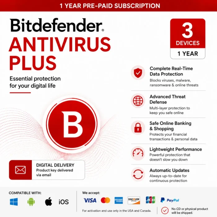 Bitdefender Antivirus Plus Individual – 3 Device/1 Year- USA/ Canada