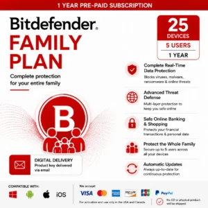 Bitdefender Total Security Family – 25 Devices, 5 Users/1 Year- USA/ Canada