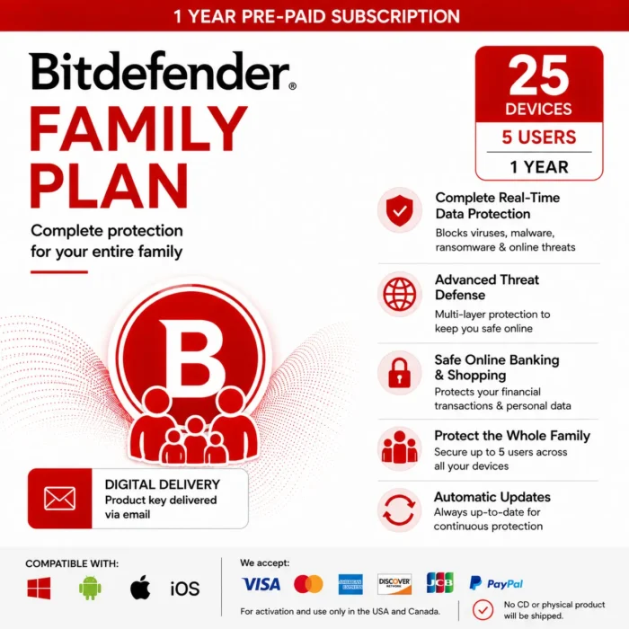 Bitdefender Total Security Family – 25 Devices, 5 Users/1 Year- USA/ Canada