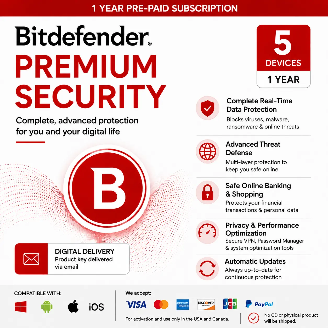 Bitdefender Premium Security Individual 5 Devices/1 Year- USA/ Canada