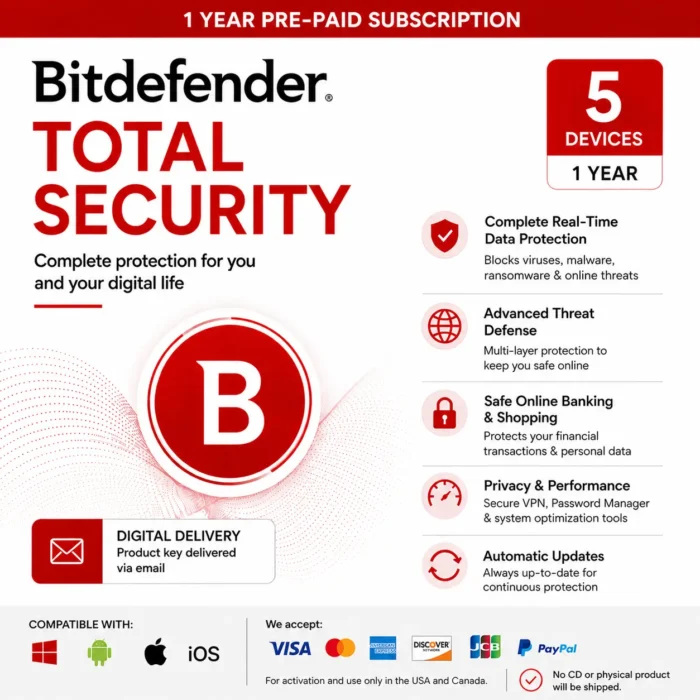 Bitdefender Total Security Individual – 5 Devices/1 Year- USA/ Canada