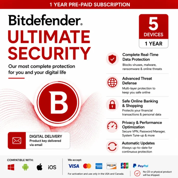 Bitdefender Ultimate Security Individual – 5 Devices/1 Year- USA/ Canada