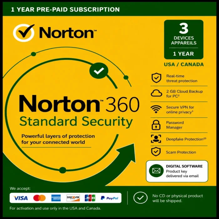 Norton 360 Standard Security – 3 Devices/ 1 Year- USA/Canada
