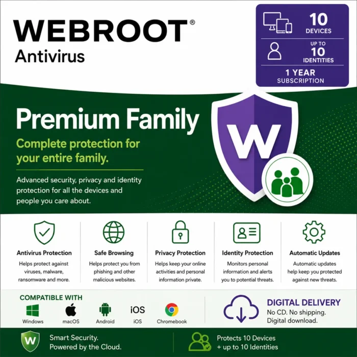 Webroot Premium Family – 10 Devices + Up to 10 Identities/1 Year-USA/Canada