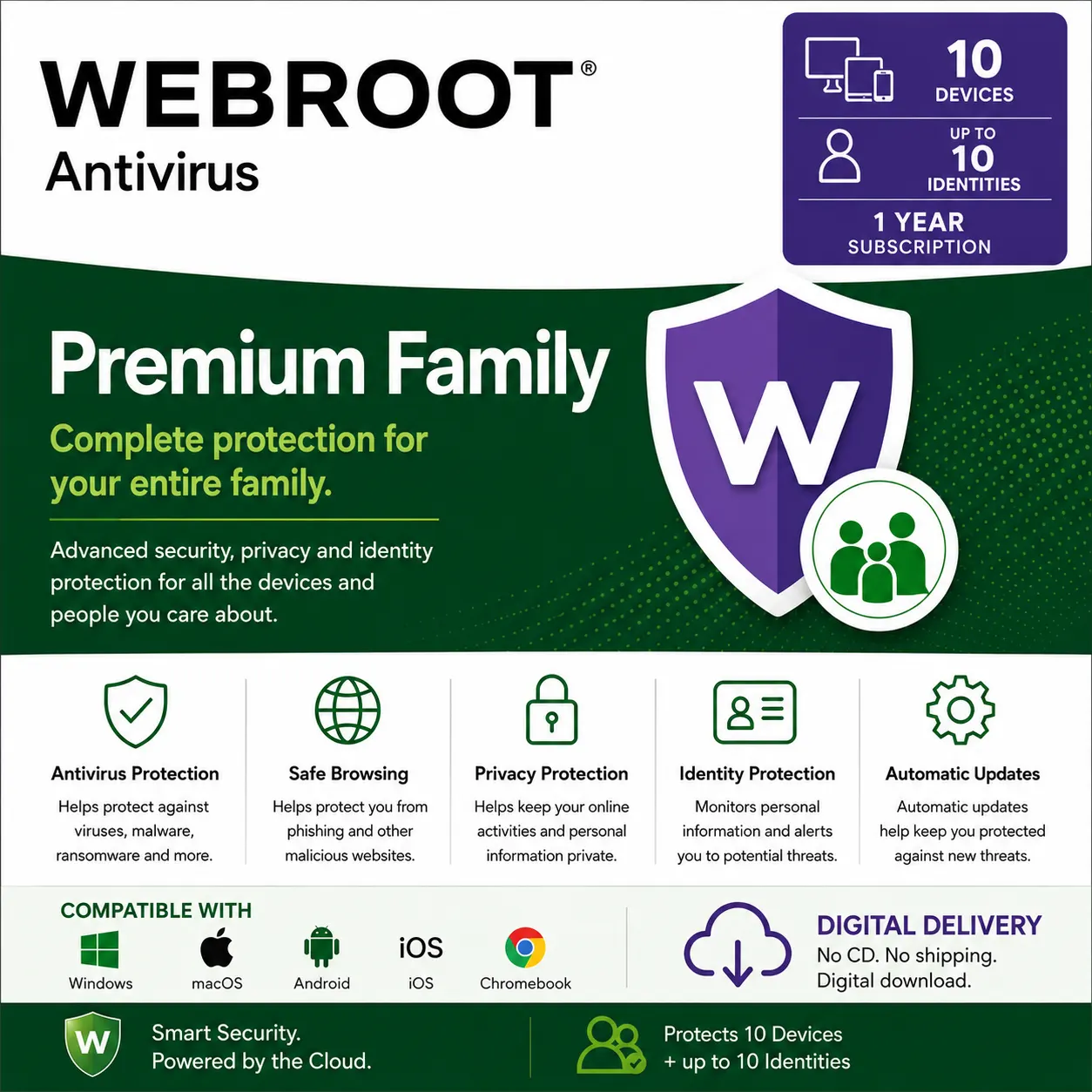 Webroot Premium Family – 10 Devices + Up to 10 Identities/1 Year-USA/Canada