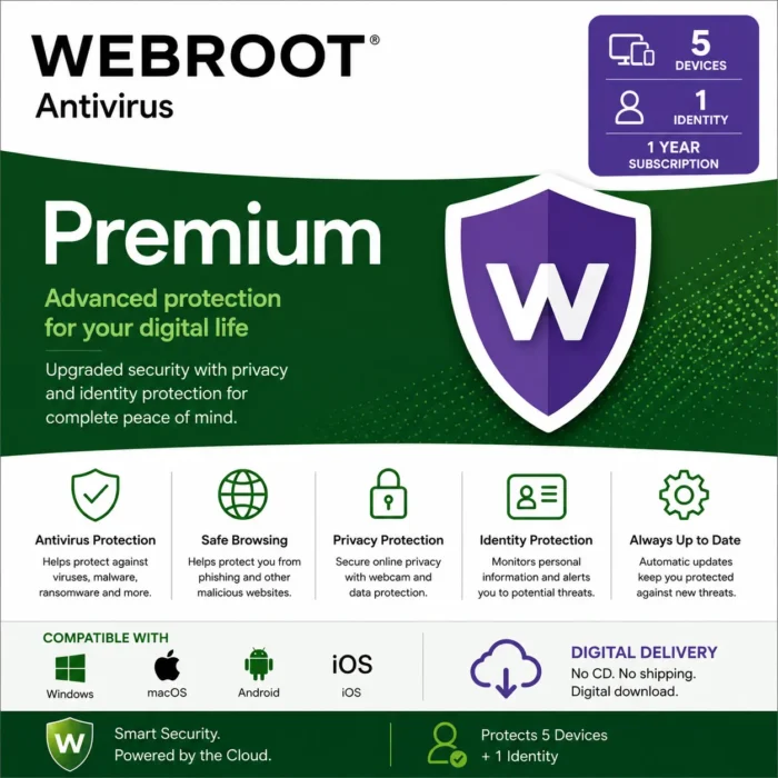 Webroot Premium – 5 Devices + 1 Identity/1 Year-USA/Canada