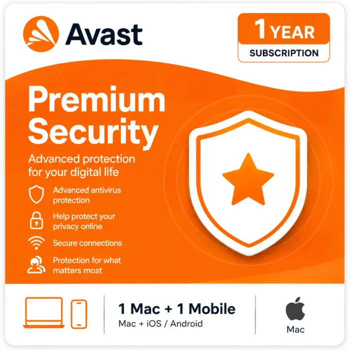 Avast Premium Security – 1 Mac + 1 Mobile Device/1 Year- USA/Canada