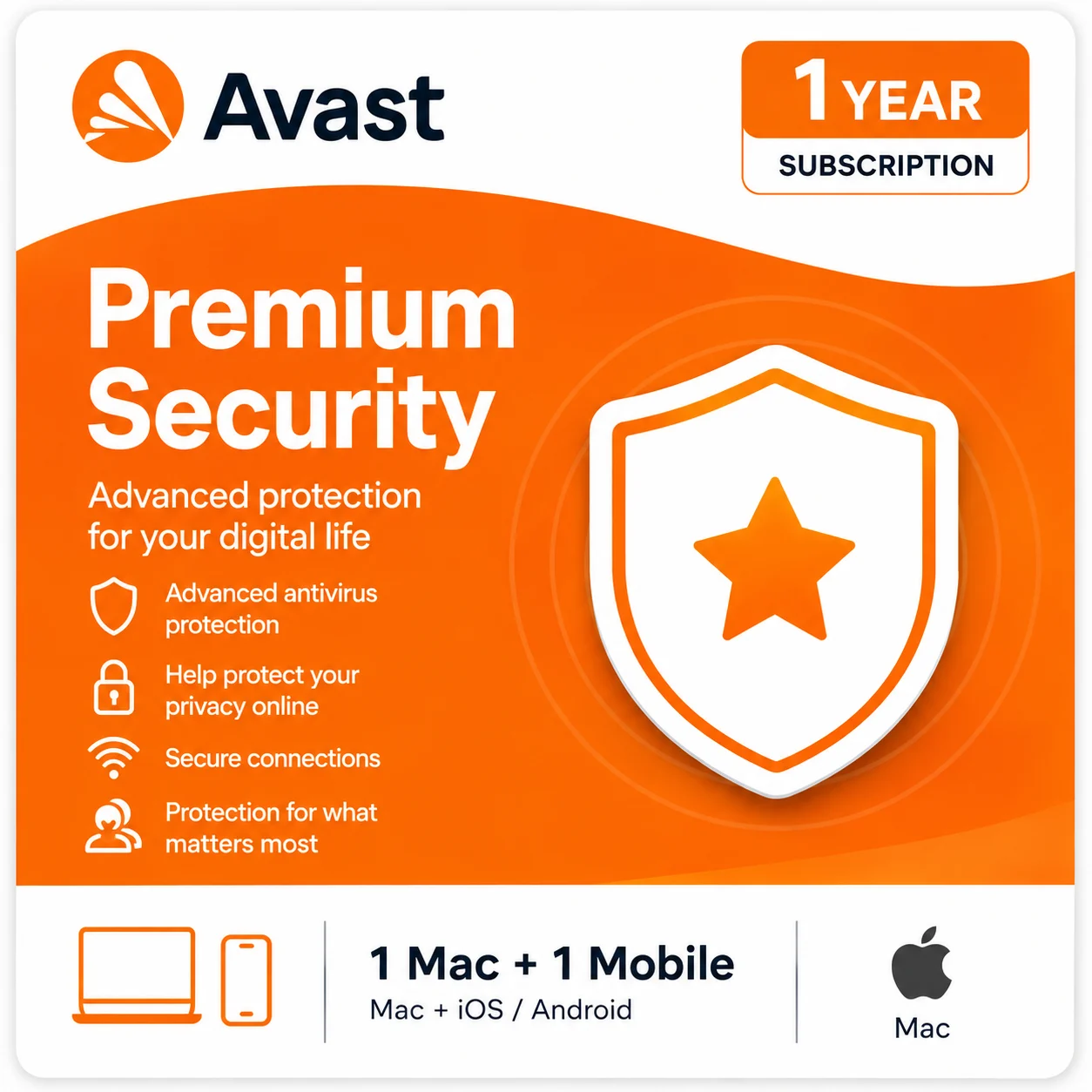 Avast Premium Security – 1 Mac + 1 Mobile Device/1 Year- USA/Canada