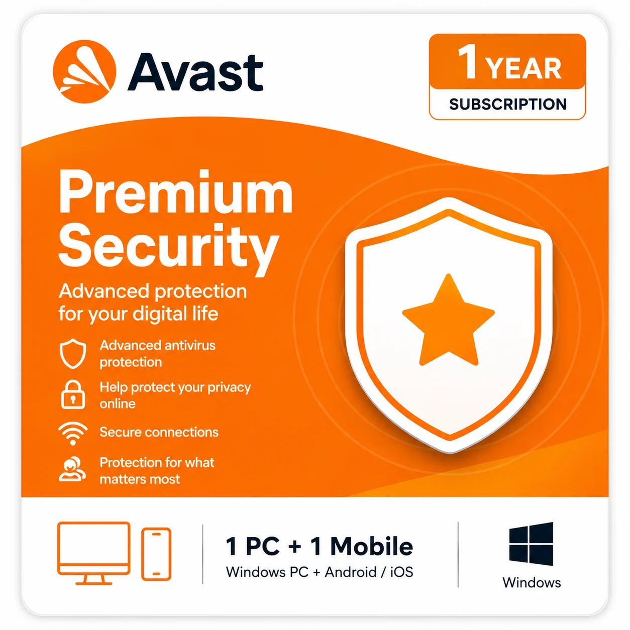 Avast Premium Security – 1 Windows PC + 1 Mobile Device/1 Year - USA/Canada