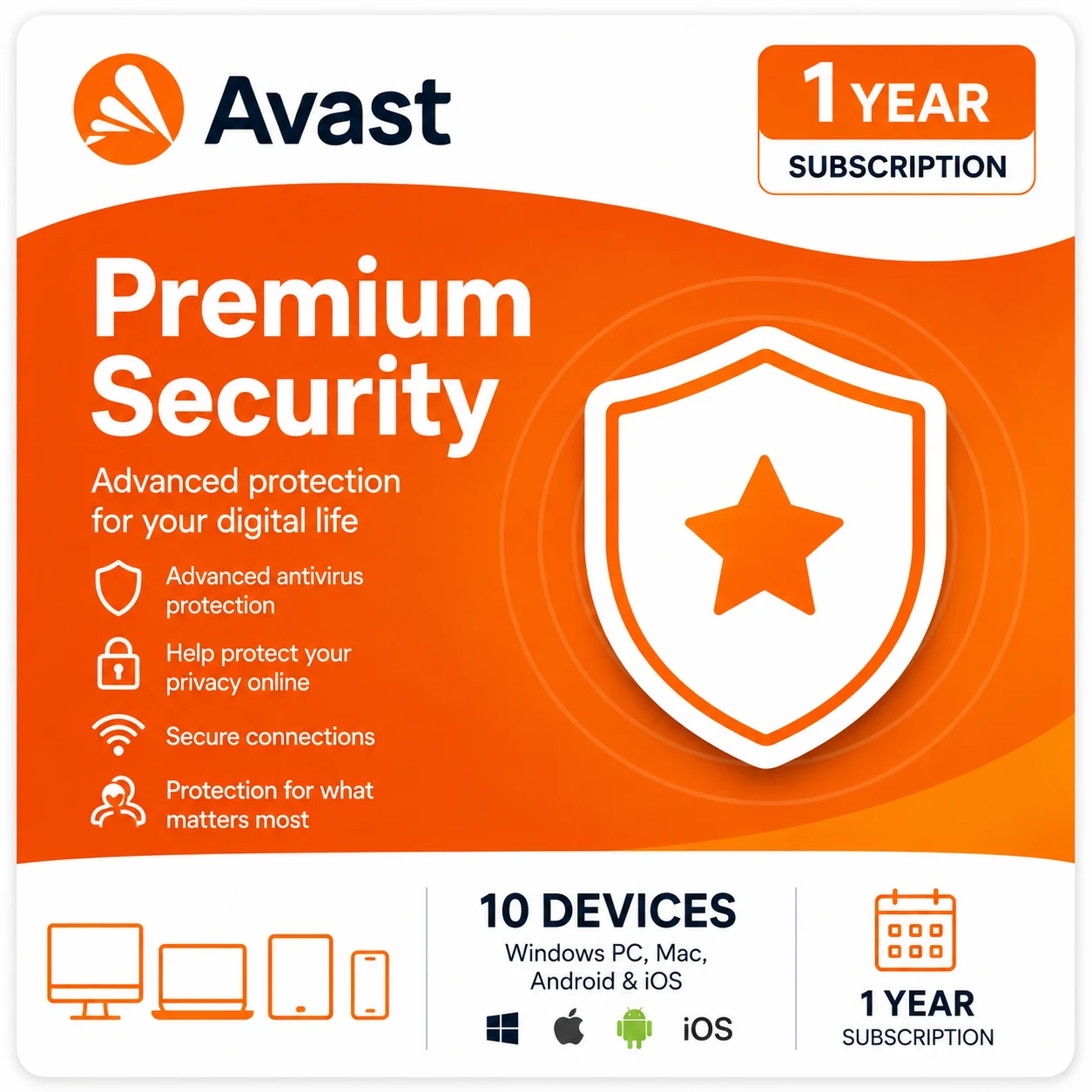 Avast Premium Security – 10 Devices/1 Year- USA/Canada