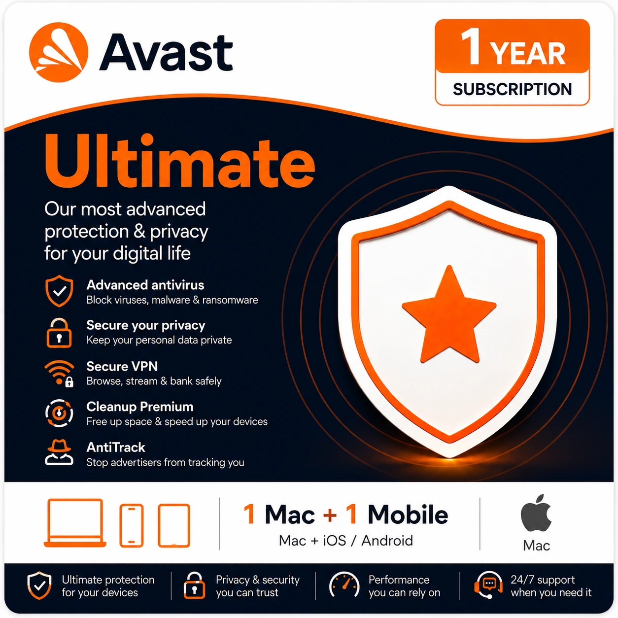 Avast Ultimate – 1 Mac + 1 Mobile Device/1 Year- USA/Canada