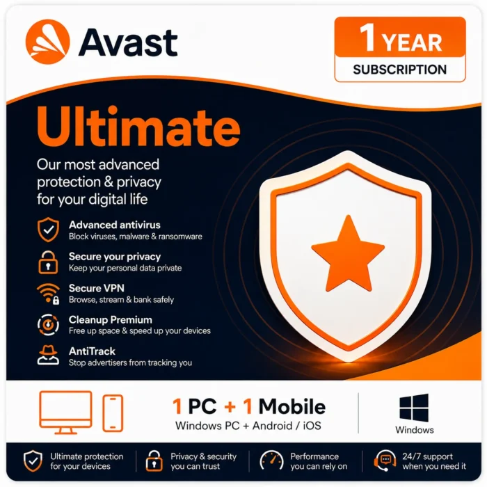 Avast Ultimate – 1 Windows PC + 1 Mobile Device/1 Year- USA/Canada