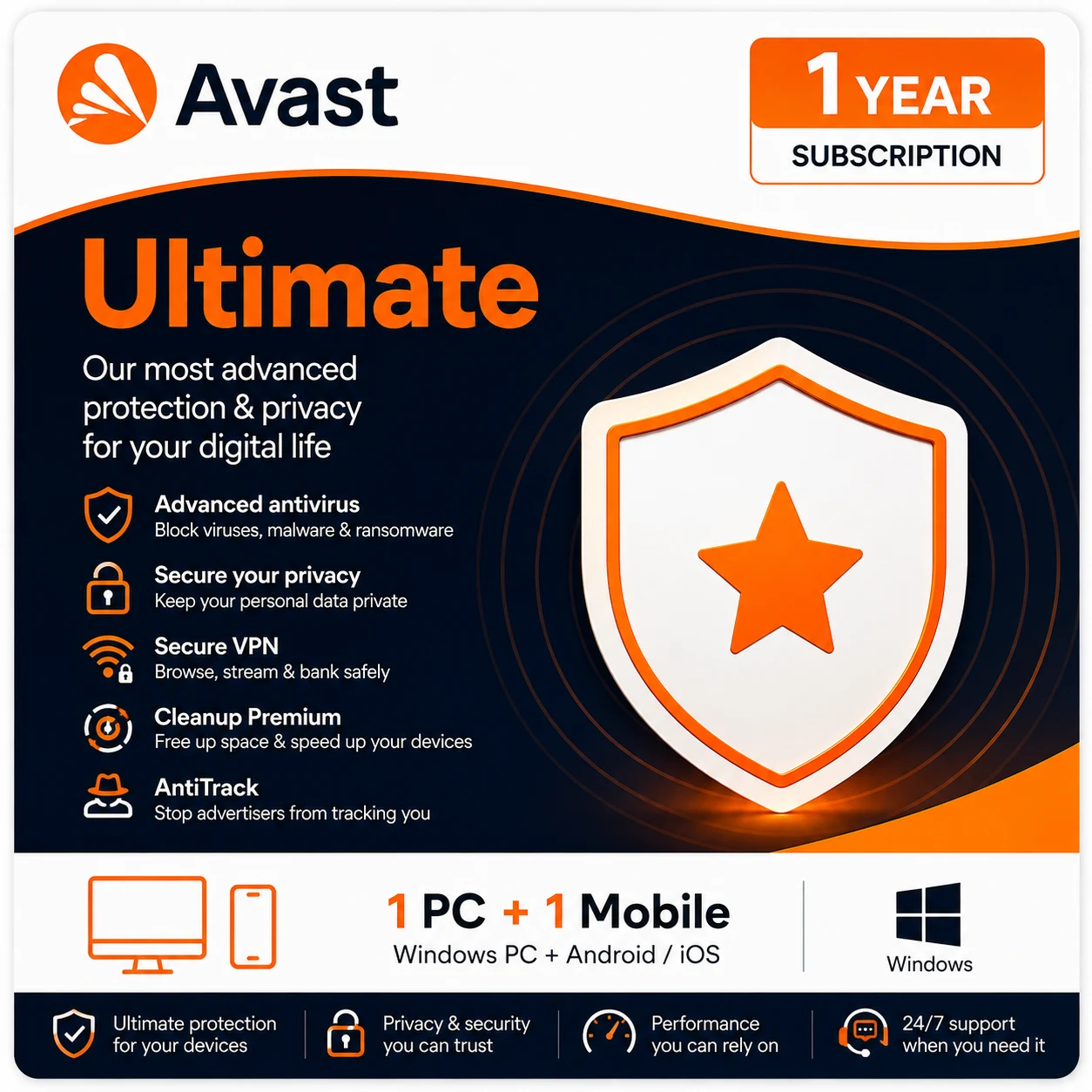 Avast Ultimate – 1 Windows PC + 1 Mobile Device/1 Year- USA/Canada