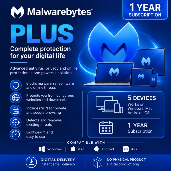 Malwarebytes Plus – 5 Devices/1 Year - USA/Canada