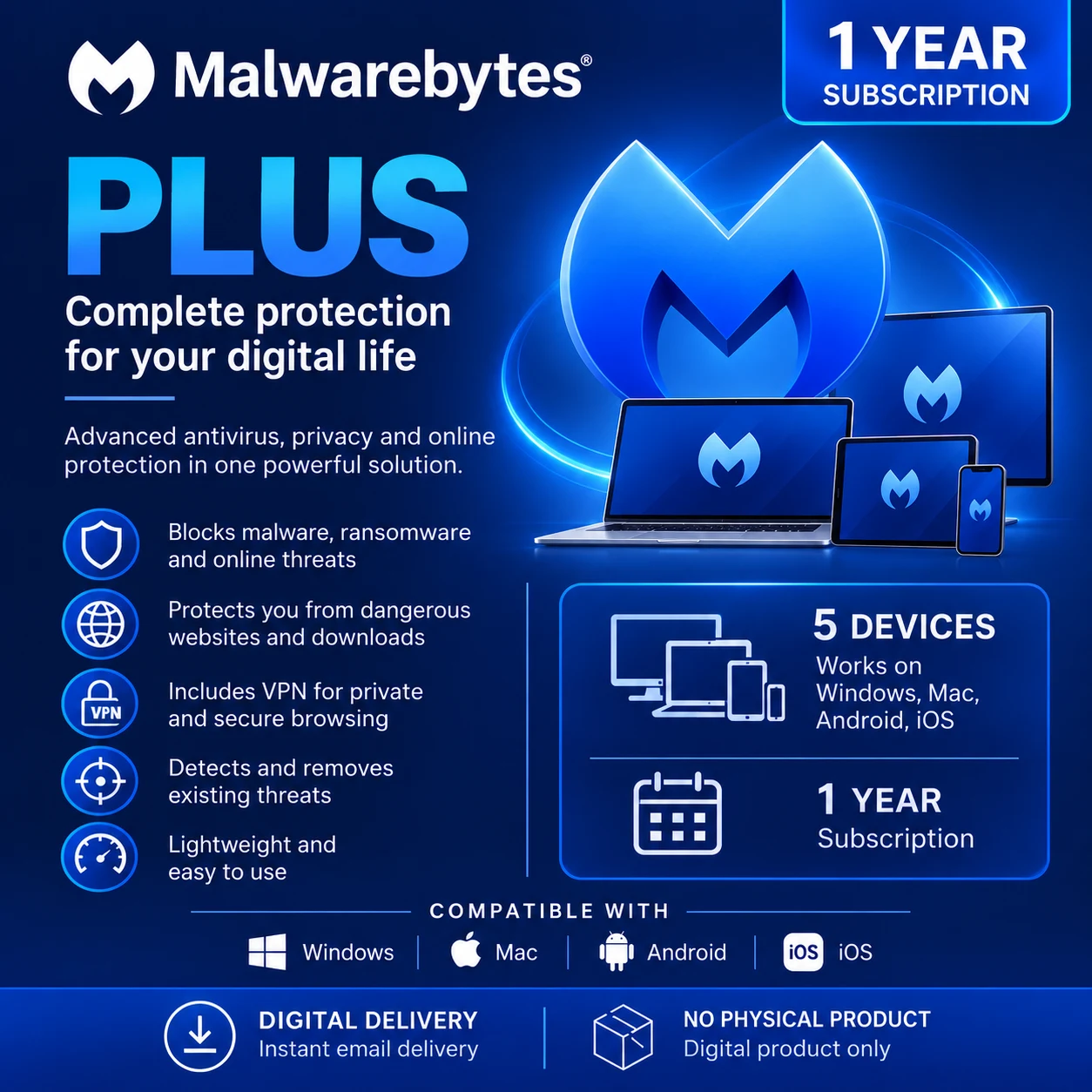 Malwarebytes Plus – 5 Devices/1 Year - USA/Canada