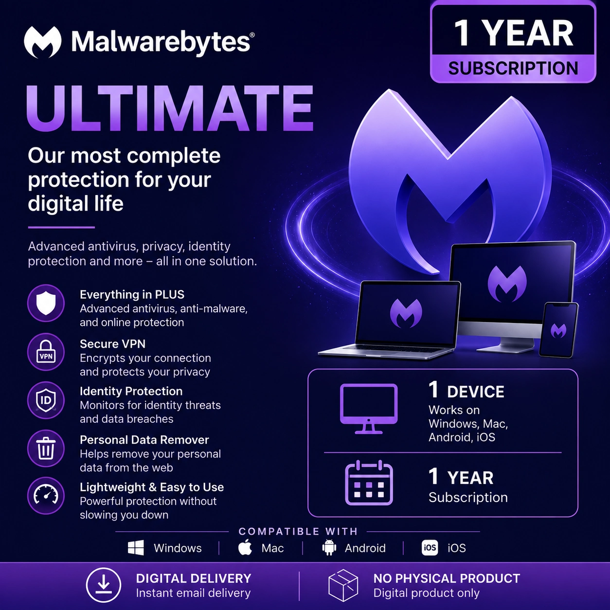Malwarebytes Ultimate – 1 Device/1 Year - USA/Canada