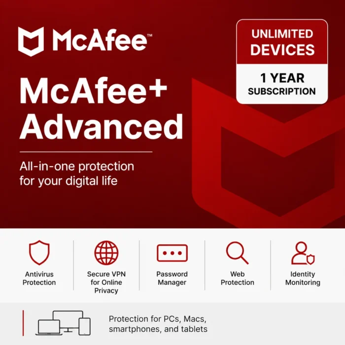 McAfee+ Advanced – Unlimited Devices/1 Year- USA/Canada