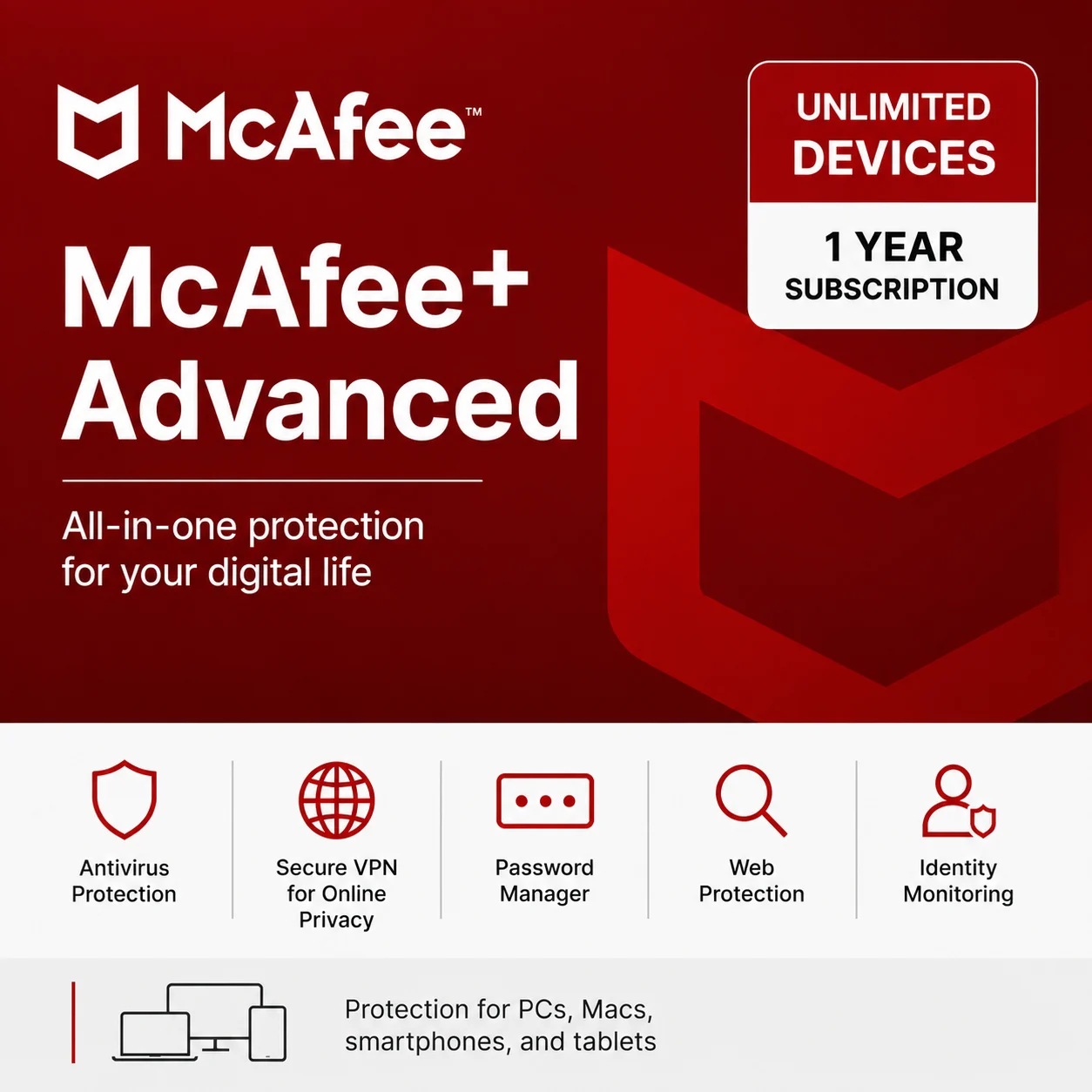 McAfee+ Advanced – Unlimited Devices/1 Year- USA/Canada