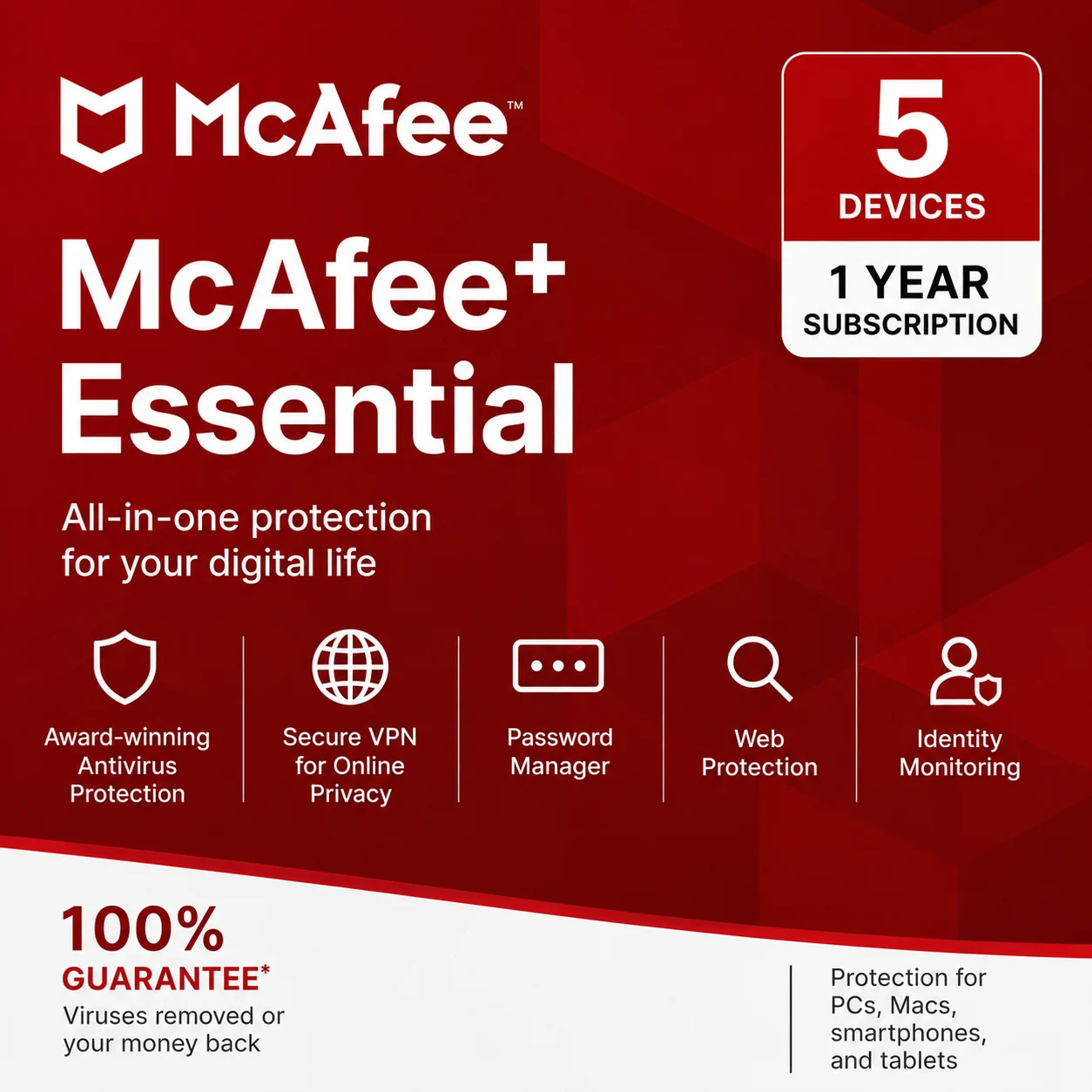 McAfee+ Essential – 5 Devices/1 Year- USA/Canada