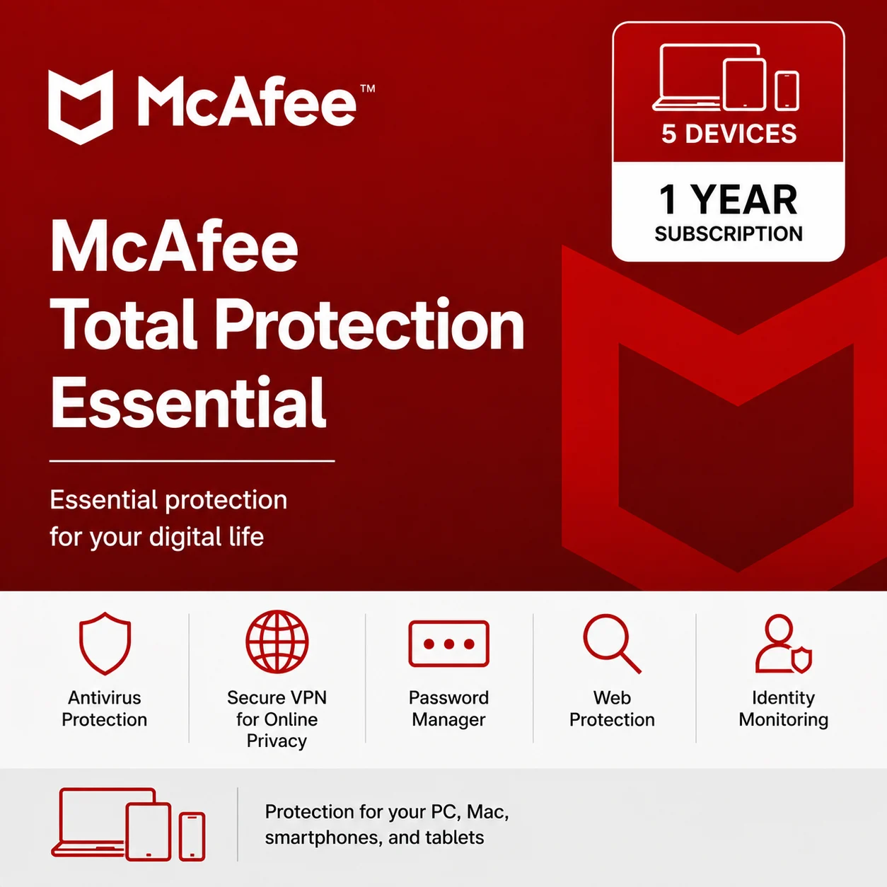 McAfee Total Protection Essential – 5 Devices/1 Year- USA/Canada